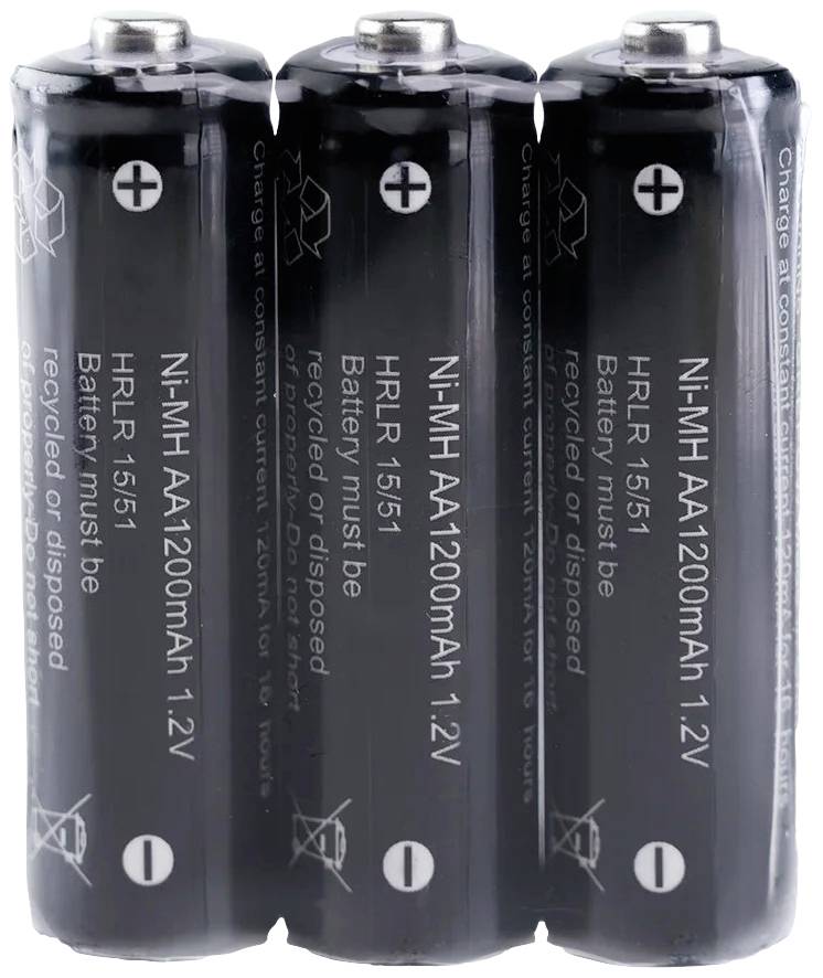 Trije črni baterijski vložki AA drug ob drugem z napisom 'Ni-MH AA 1200mAh 1.2V'.