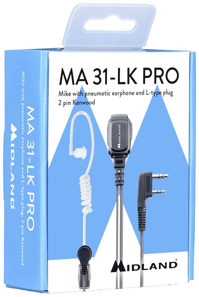 Slušalke MA 31-LK PRO z ušesnimi slušalkami in L-tipskim vtičem, 2-pin združljive z Kenwood, pakirane v modri škatli z blagovno znamko Midland.