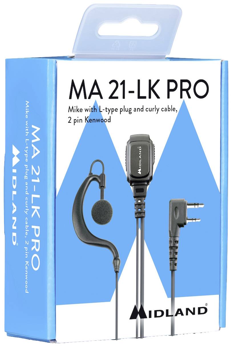 'MA 21-LK PRO' embalaža s slušalko in L-oblikovnim vtičem, kodrasto žico, 2-polnim, za Kenwood naprave, podjetja Midland.