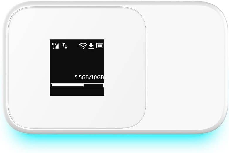Prenosni WLAN usmerjevalnik z majhnim zaslonom, ki prikazuje 4G-povezavo, WLAN-signal in porabo podatkov '5,5 GB/10 GB'.