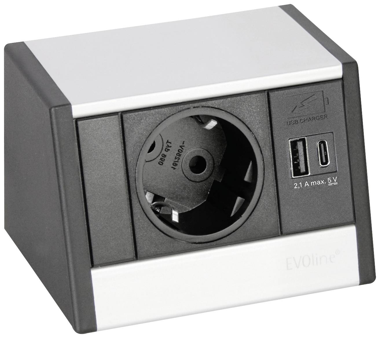 Črna razdelilna letev z USB priključkom, primerna za priklop naprav in polnjenje, nameščena na mizi.