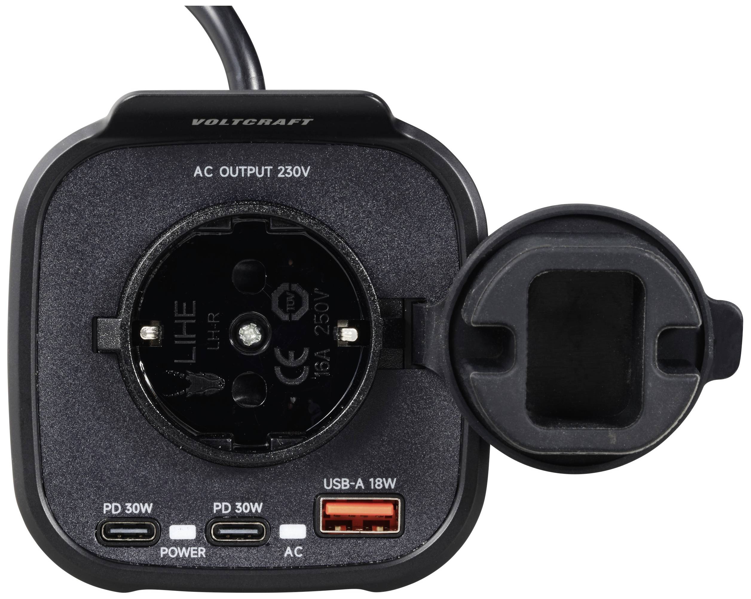 Električni adapter z izhodom 230 V, dvema USB-C PD 30W priključkoma, enim USB-A 18W priključkom in pokrovom.