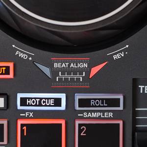 Bližnji posnetek DJ-kontrolerja z gumbi za 'Hot Cue', 'Roll' in 'FX' ter indikatorjem 'Beat Align' za usklajevanje ritmov.