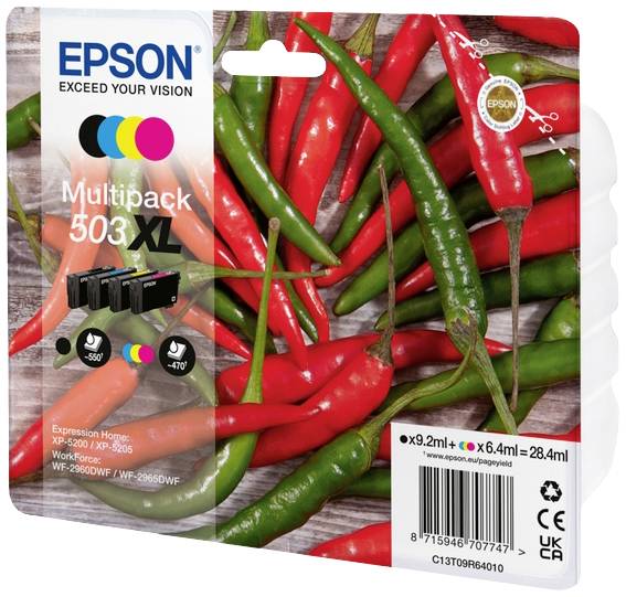 Epson Multipack 503 XL embalaža tiskalniških kartuš z rdečimi in zelenimi čilipaprikalastmi v ozadju; vsebuje več kartuš.