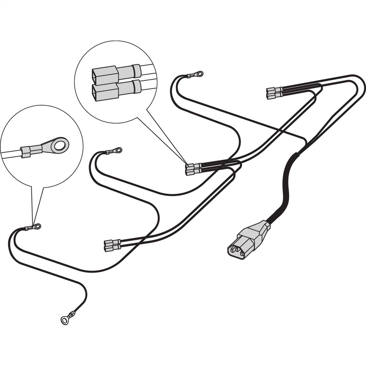 Črno-bela ilustracija kabelskega snopa s priključki in spoji, sestavljena iz več žic in povezovalnikov.