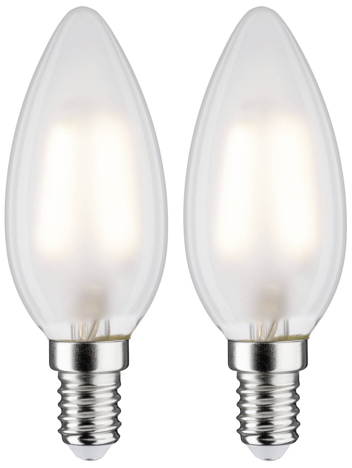 Dve LED-žarnici z navojem E14 v obliki sveče, postavljeni druga ob drugi, ki svetita. Primerni za dekorativno razsvetljavo.