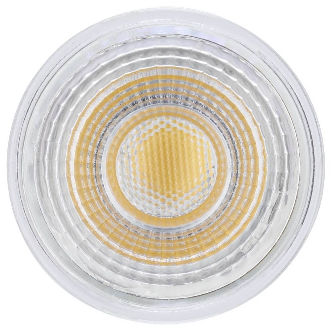 Okrogel LED-reflektor z več koncentričnimi obroči in svetleče rumeno sredino.