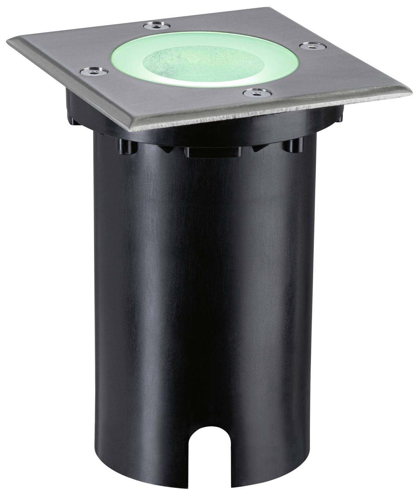 Okrogel vgradni reflektor z zeleno svetlobo, vgrajen v kvadratni okvir iz nerjavečega jekla, idealen za zunanjo razsvetljavo.