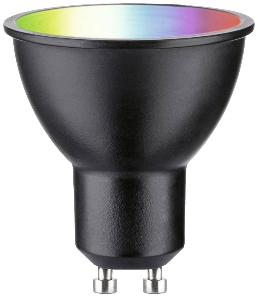 Črna LED-luč z GU10 podnožjem, zgoraj opremljena z svetlečim, mavričnim svetlobnim sijem.