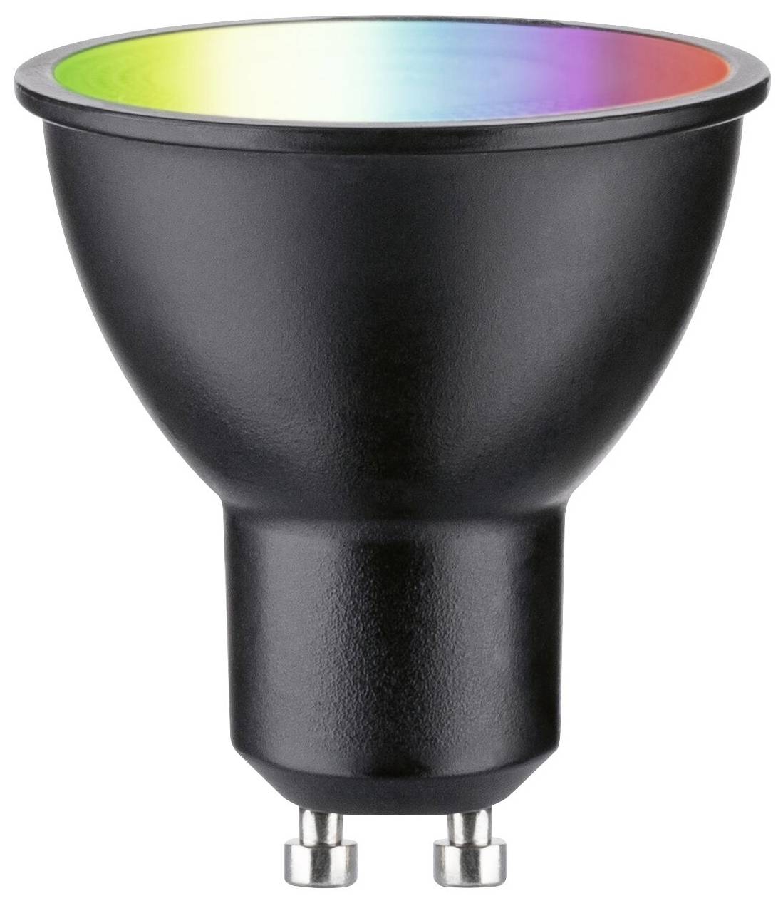 Črna LED-svetilka z vtorom GU10; svetlobno polje prikazuje mavričaste odseve.