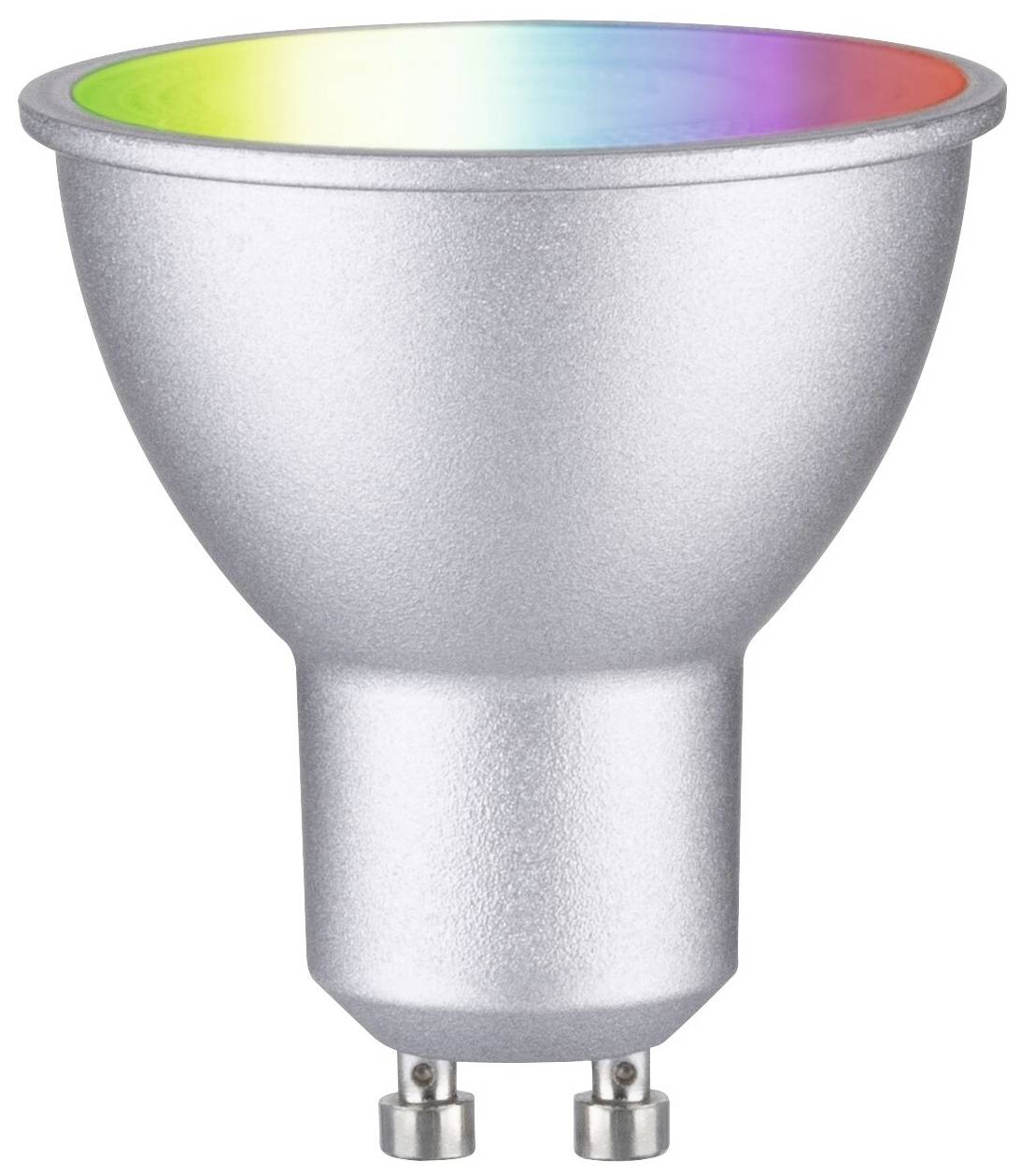 Srebrna LED-žarnica GU10 z vidnim barvnim spektrom na zgornji strani.