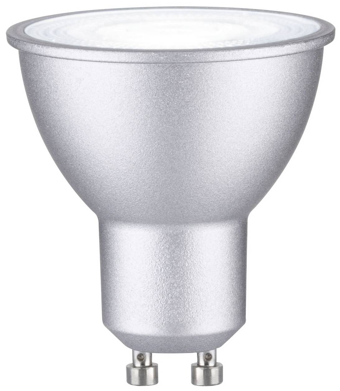 Srebrna LED-spotna žarnica z GU10 priključkom.