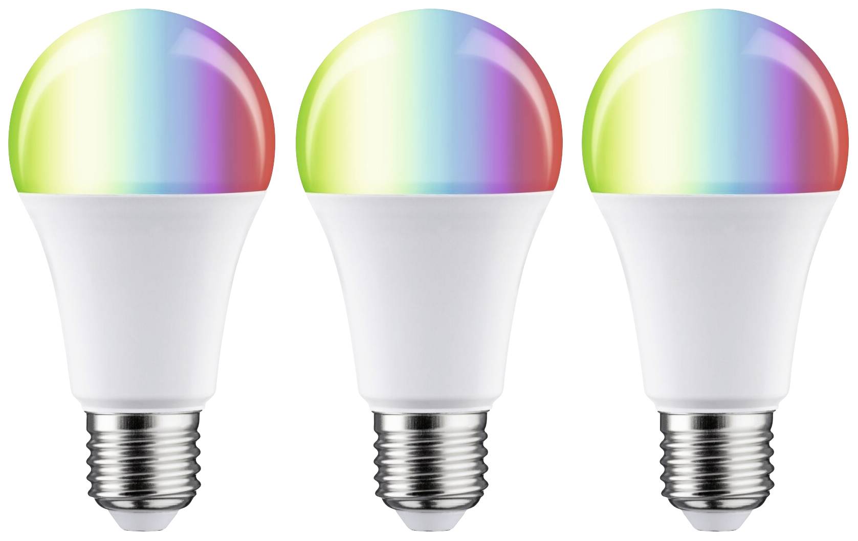 Tri LED-žarnice z barvnimi pokrovčki, ki prehajajo od rdeče prek zelene do modre, na beli podlagi.