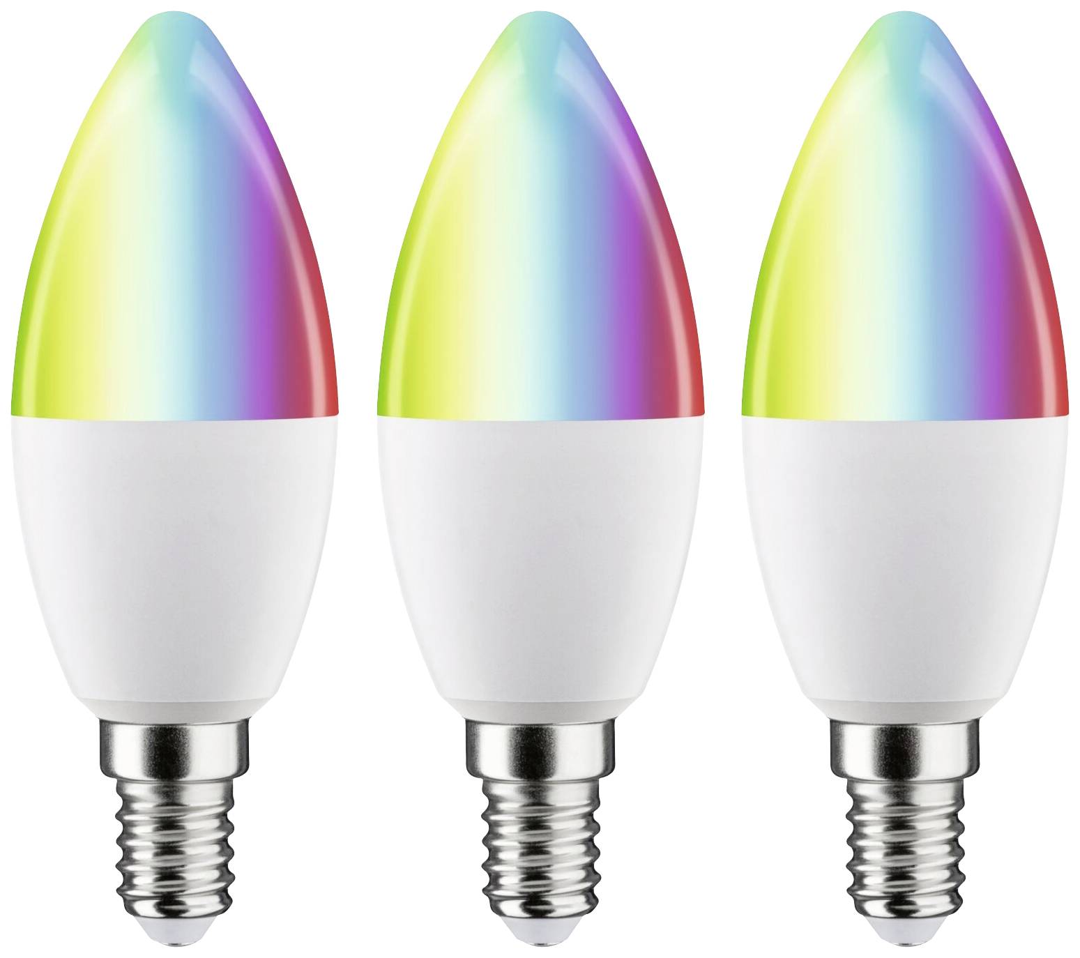 Tri LED žarnice z E14 podnožji, vsaka z zgornjim delom v mavričnih barvah, simbolizirajo raznolike možnosti osvetljevanja.