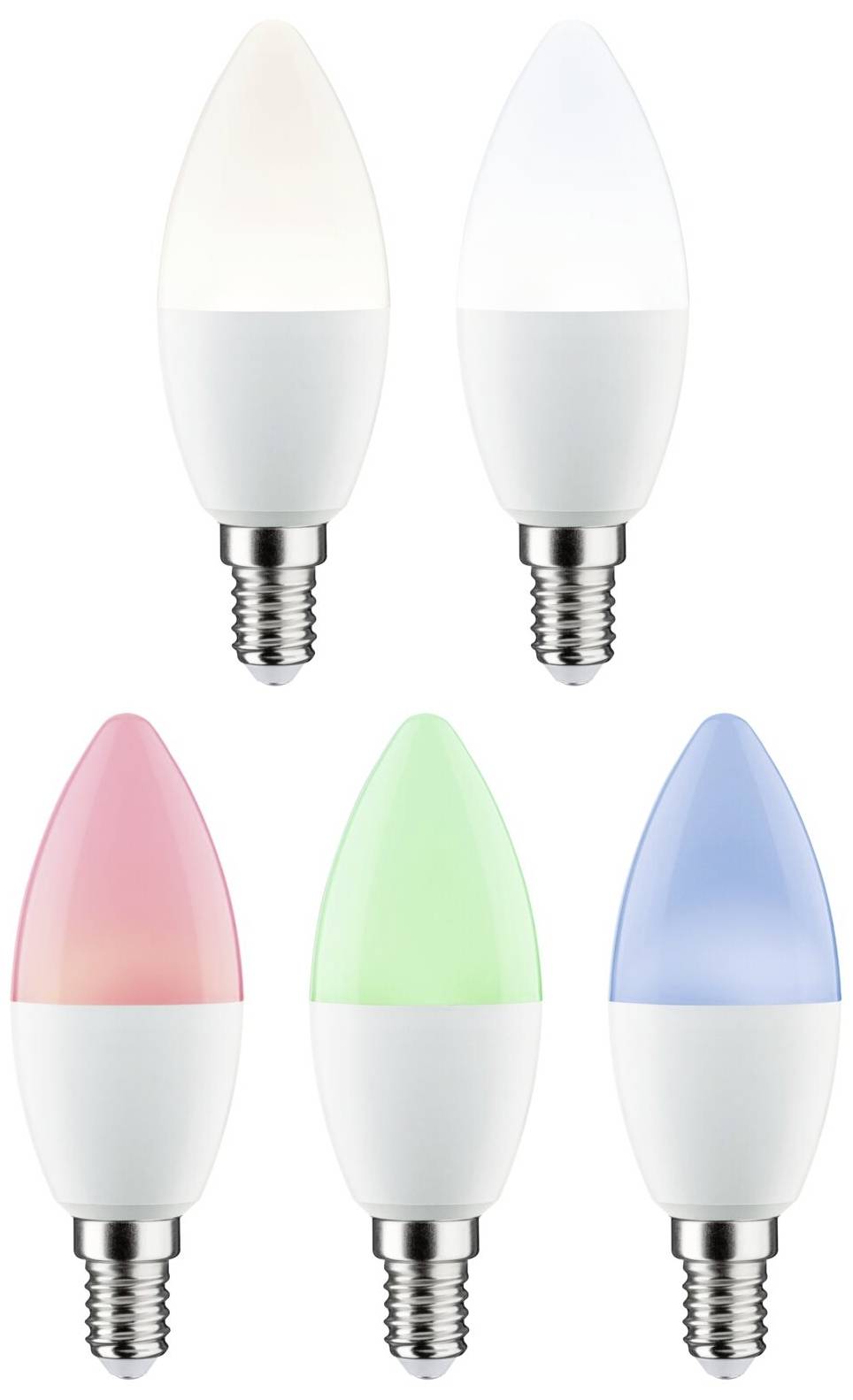 Pet LED žarnic v različnih barvah: toplo bela, hladno bela, roza, zelena in modra, vse z E14 podnožjem.