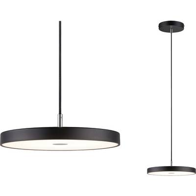 Dve moderni, črni, okrogli viseči svetilki z minimalističnim dizajnom na beli podlagi. Ena v bližnjem pogledu, druga od daleč.