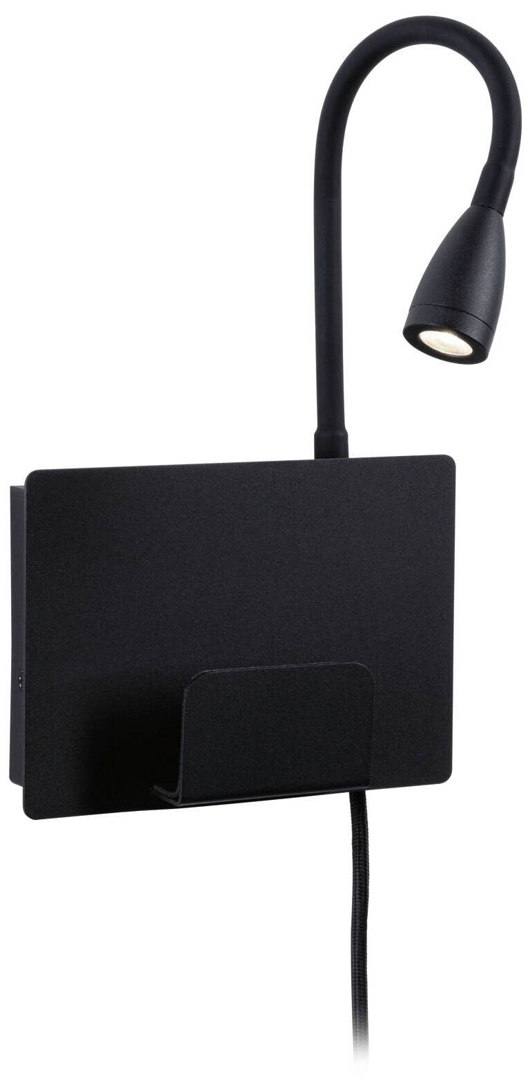 Črna LED stenska svetilka z gibljivim krakom in vgrajeno držalo za knjige. Minimalistični dizajn, idealen za bralne kotičke.
