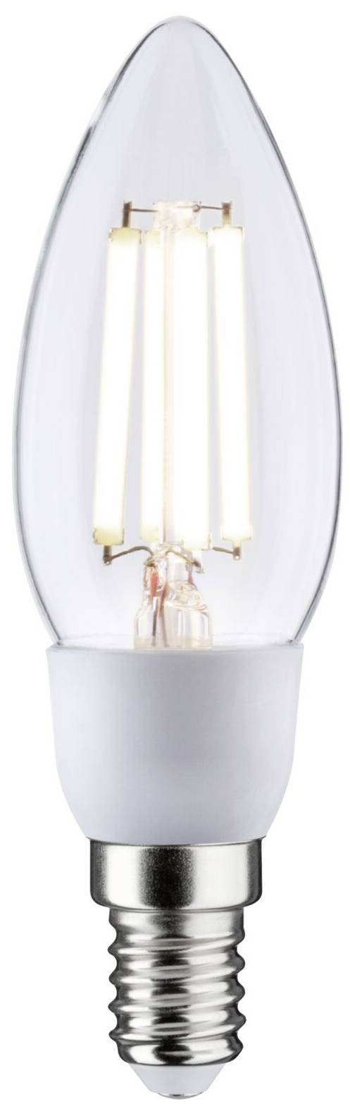 LED-žarnica v obliki sveče z vtičnico E14, prozornim steklenim ohišjem in vidnimi nitkami.
