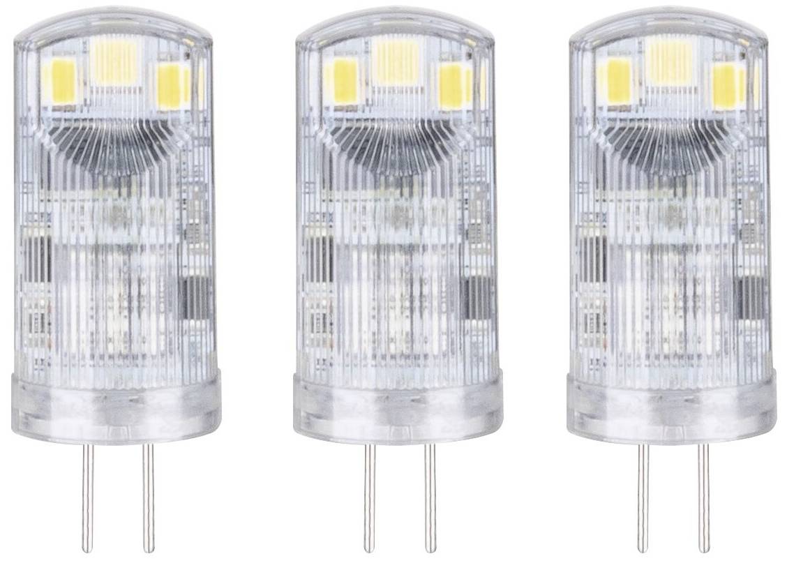 Tri identične LED-vtičnice z vznožjem, postavljene druga ob drugi na beli podlagi. Vsaka svetilka ima dva kovinska kontaktna pins za priklop.