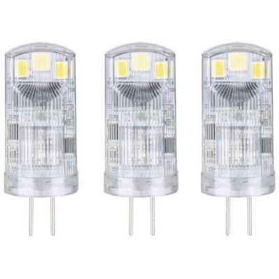 Tri identične LED-vtičnice z vznožjem, postavljene druga ob drugi na beli podlagi. Vsaka svetilka ima dva kovinska kontaktna pins za priklop.