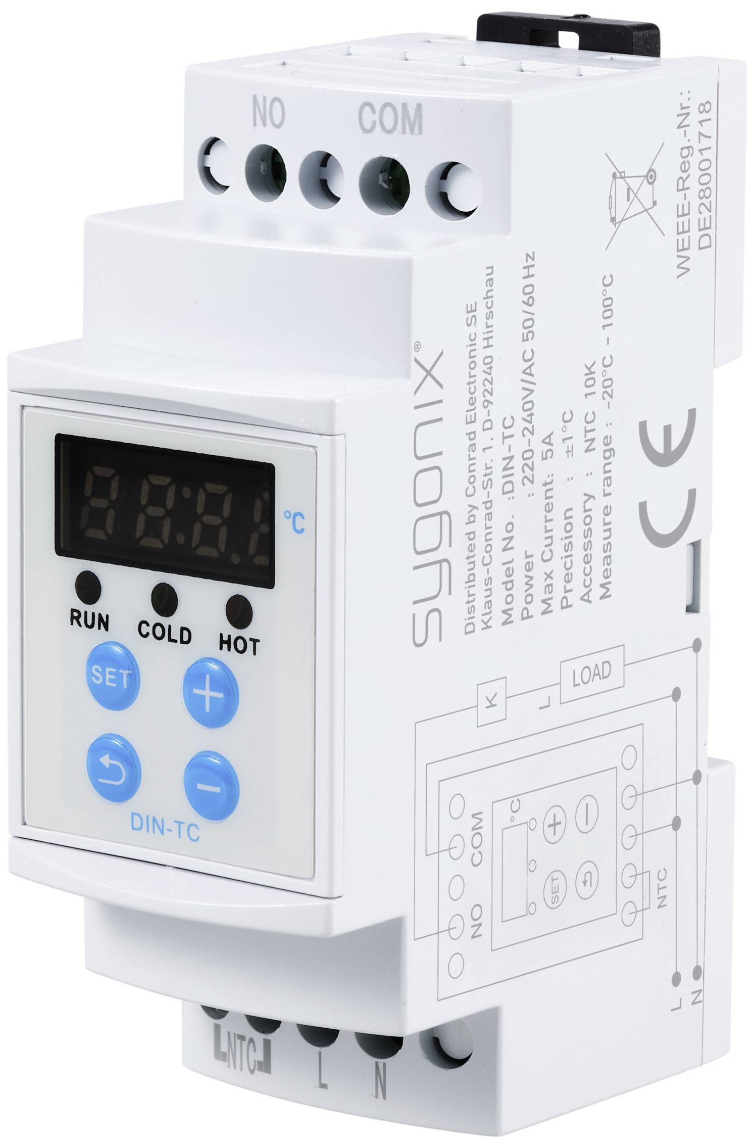 Digitalni termostat v električni omarici, ki prikazuje temperaturo v stopinjah Celzija. Upravljalni elementi vključujejo 'ZAGON', 'NASTAVI', 'HLADNO', 'VROČE'.