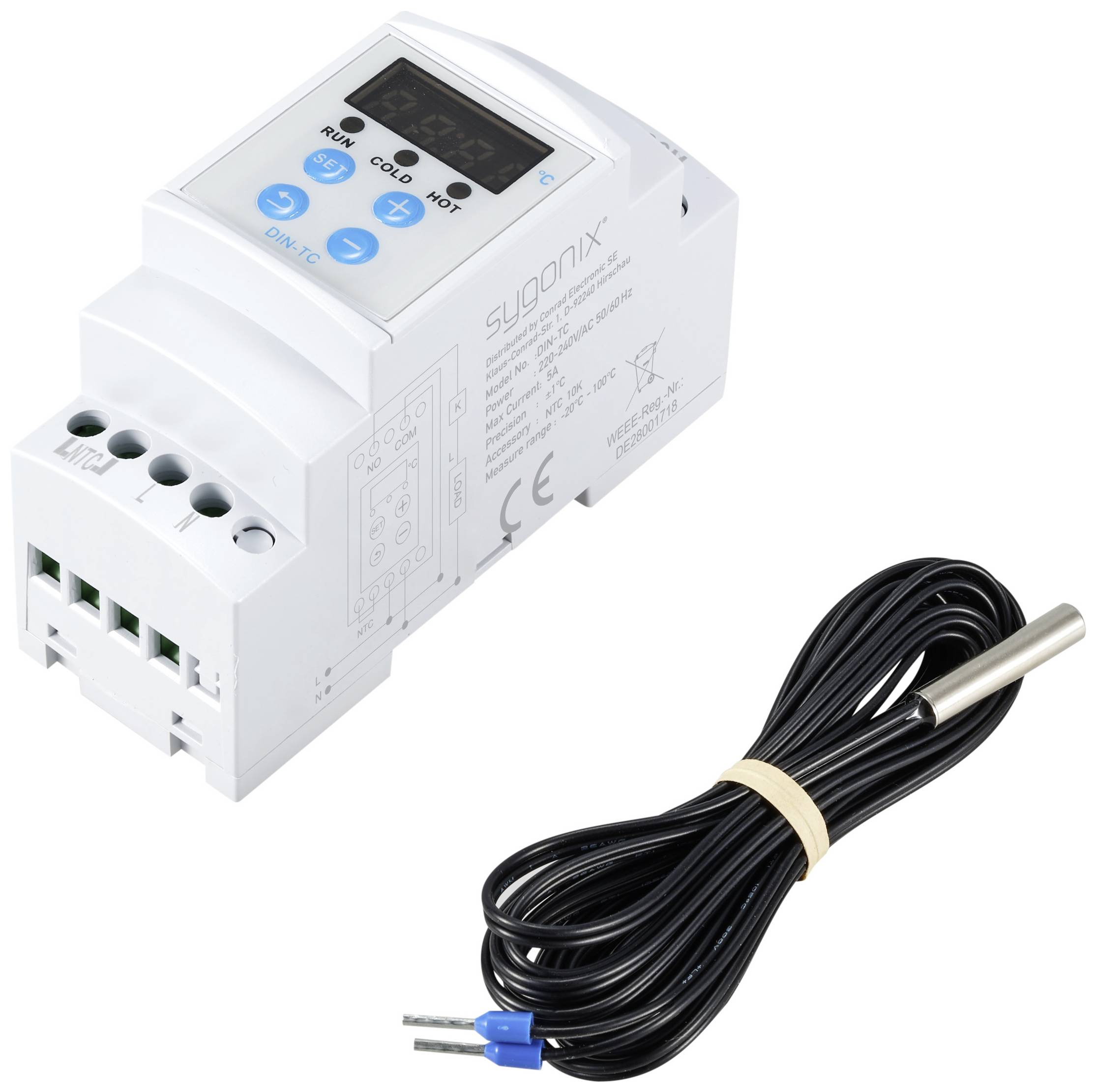 Elektronski termostat za električno omarico z digitalnim zaslonom in štirimi tipkami. Vsebuje temperaturni senzor s kablom.