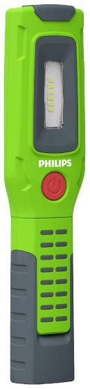 Zelena prenosna LED-svetilka z rdečim stikalom za vklop/izklop in logotipom Philips, kompaktno in ergonomsko oblikovana.
