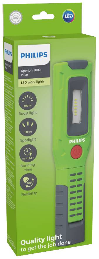 Zelena embalaža Philips LED delovne svetilke 'Xperion 3000 Pillar' z informacijami o svetilnosti, dosegu svetlobe, trajanju delovanja in fleksibilnosti.