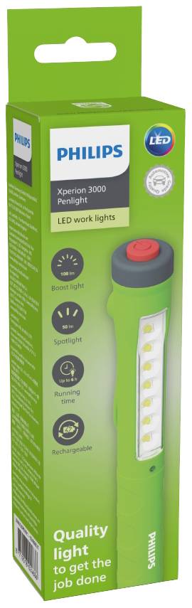 Philips Xperion 3000 Penlight LED-delovna svetilka v zeleni embalaži. Prikazuje značilnosti izdelka, kot sta fokusirana svetloba in zaščita pred škropljenci.