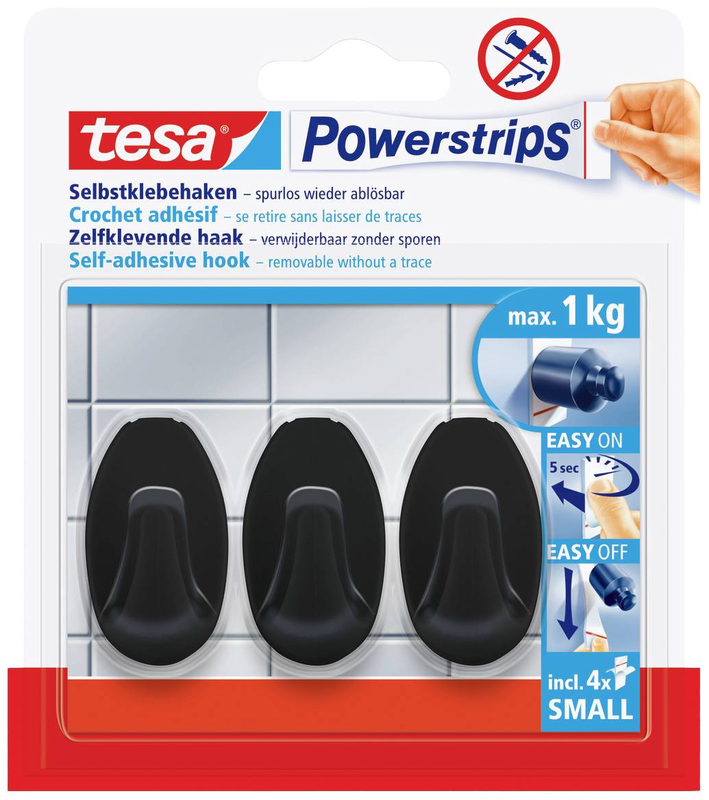 'Pakiranje tesa Powerstrips s tremi samolepilnimi kljuki. Maksimalna obremenitev 1 kg. Preprosto pritrjevanje in odstranjevanje.'