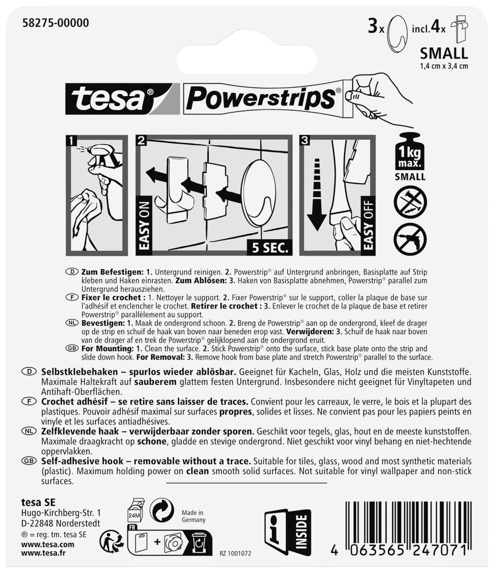 Embalaža prikazuje 'tesa Powerstrips' z navodili za uporabo: Prilepi, pritisni, potegni. Drži do 1 kg na gladkih površinah.