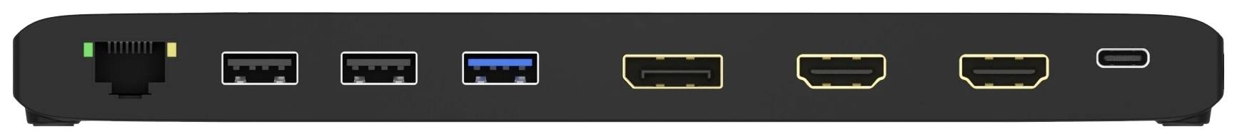 Zadnja stran dokujočne postaje s priključki: Ethernet, dva USB 2.0, en USB 3.0, dva HDMI in en USB-C.