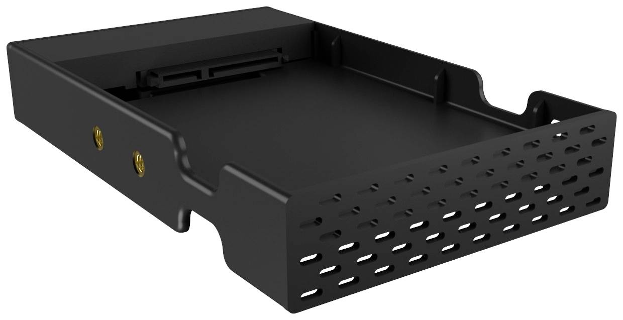 Črn adapter za trdi disk s stranskimi pritrdilnimi odprtinami in prezračevalnimi režami, primeren za vgradnjo 2,5-palčnega trdega diska v 3,5-palčno ohišje.