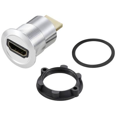 Srebrna HDMI vtičnica, okrogle oblike, z črnim tesnilnim obročkom in pritrjevalnim obročkom.
