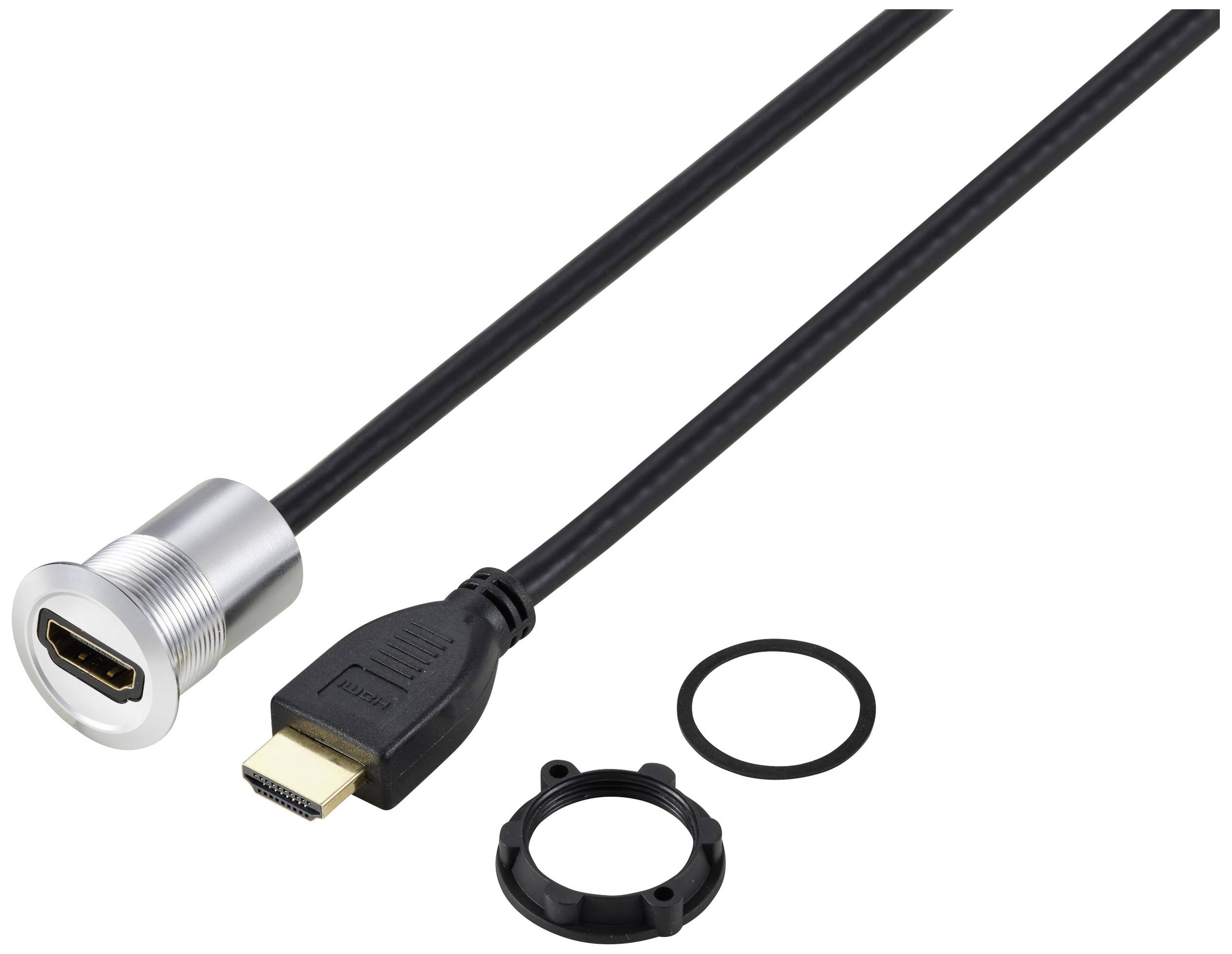 HDMI kabel in priključni adapter z tesnilnim obročem, primeren za vgradnjo v panel in avdio/video povezave.