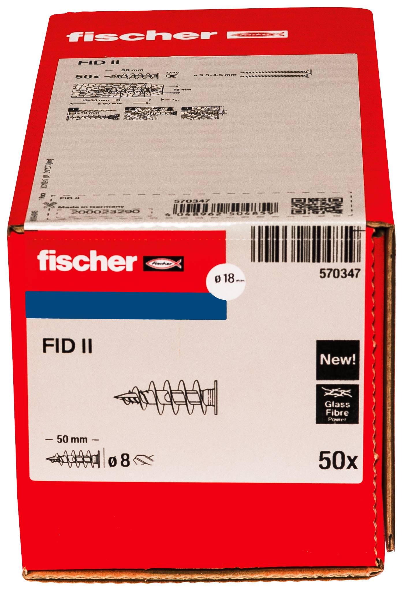 Rdeča škatla podjetja Fischer, označena z 'FID II', vsebuje 50 enot pritrdilnega elementa.
