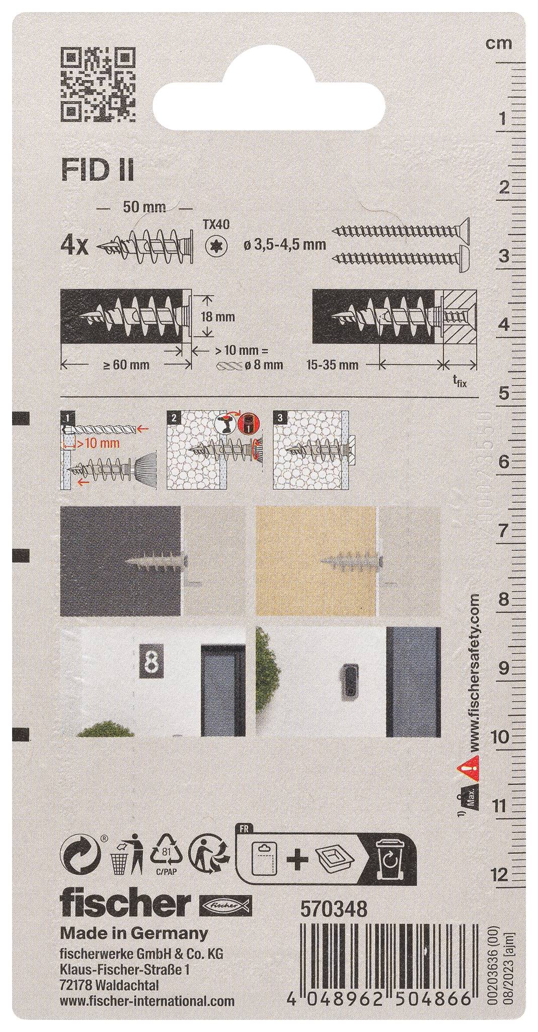 Fischer FID II paket sidra s prikazom vrtanja in instalacijskih diagramov, dimenzijami vijaka, QR kodo, imenom izdelka in črtno kodo.