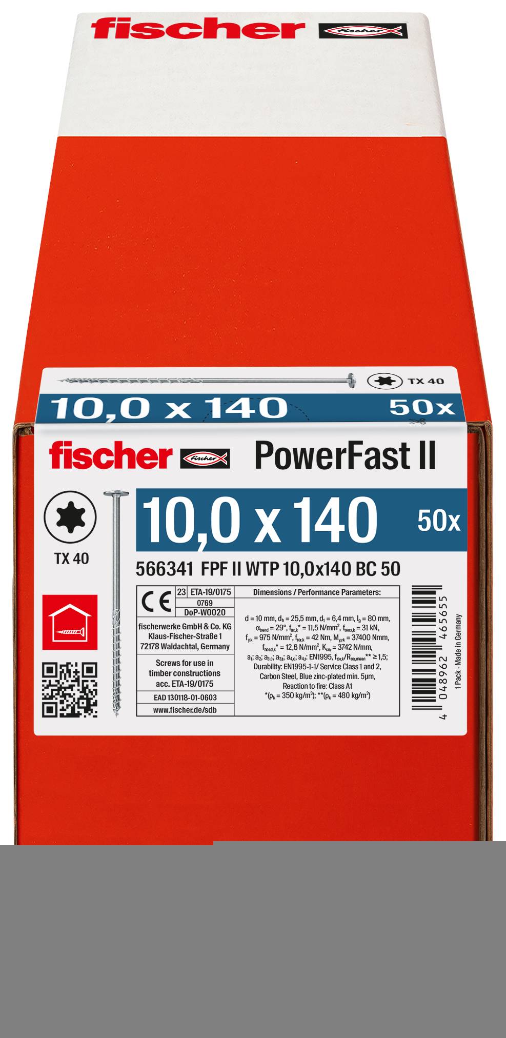 Fischer PowerFast II škatla vijakov, označena '10,0 x 140' in '50x', prikazana od spredaj s podrobnostmi izdelka in črtno kodo.