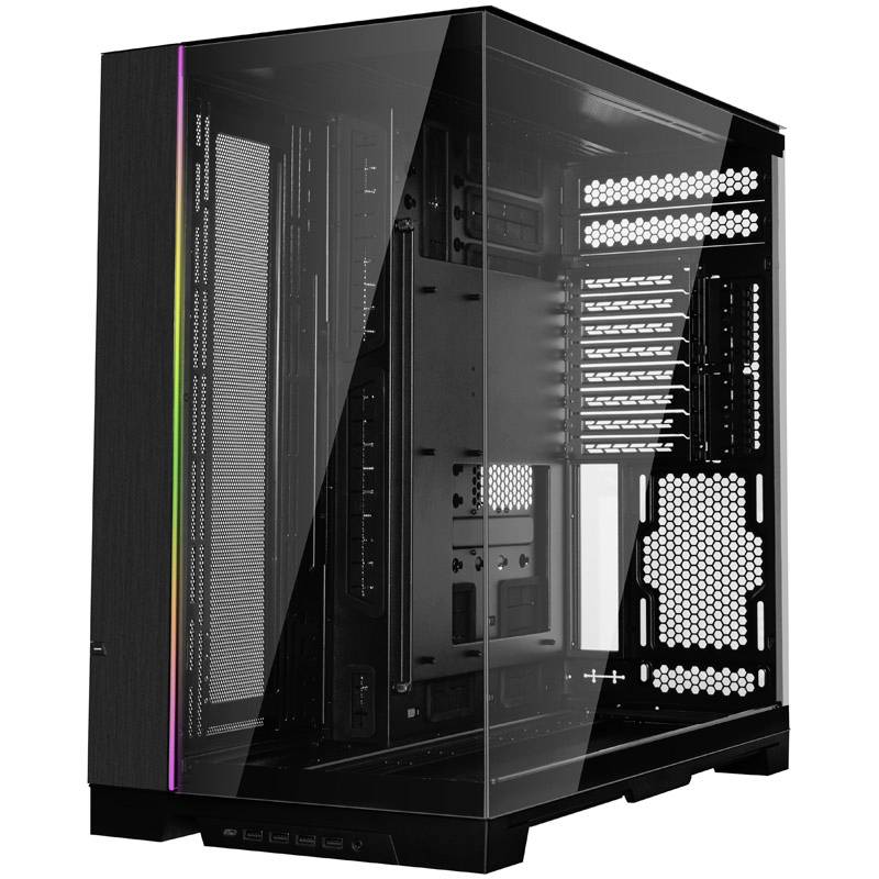 Črno ohišje PC brez strojne opreme s stransko stekleno steno. Prikazuje več prezračevalnih rež, prostorčke za trde diske in RGB LED pas.