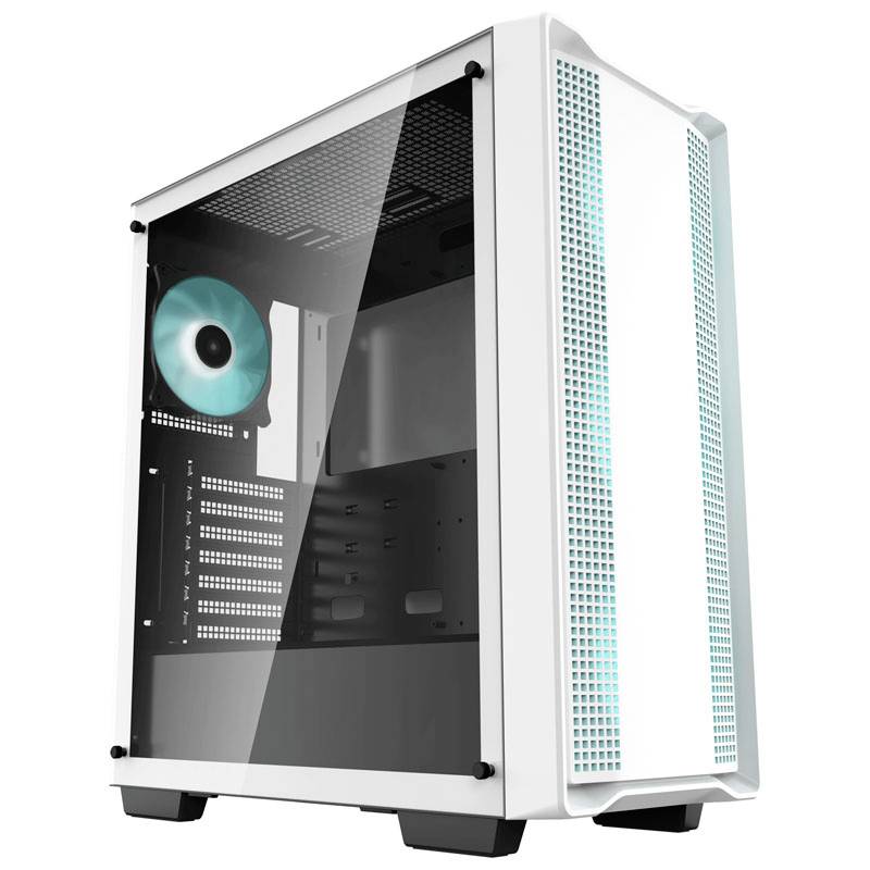 Belo ohišje za PC s prosojnim stranskim oknom in modro svetečim ventilatorjem. Primerno za sestavo in hlajenje osebnega računalnika.