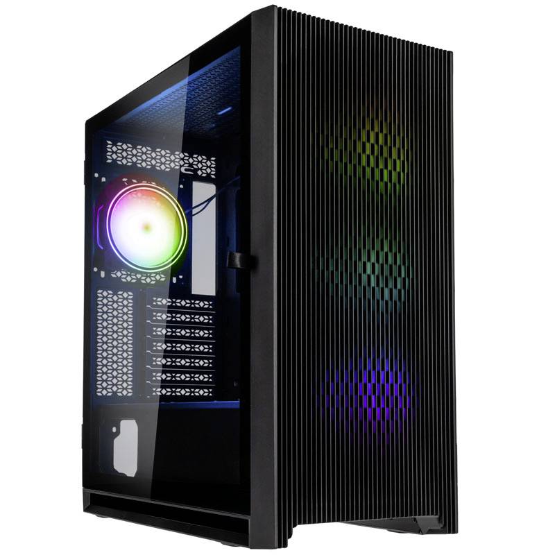 Računalniško ohišje s steklenim oknom prikazuje pisano RGB-osvetlitev. Elegantno črno oblikovanje z ventilatorji na sprednji strani.