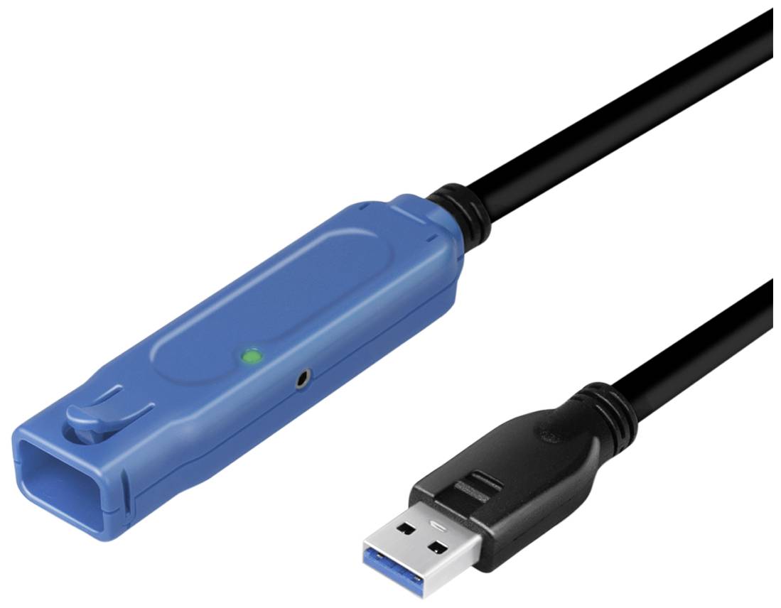 Modro USB 3.0 podaljšek s priključkoma moški-ženski, črnim kablom, namenjen povezovanju ali podaljševanju naprav.