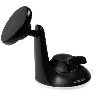 Črn magnetni avtomobilski nosilec za pametne telefone s fleksibilnim stojalnim nastavkom na beli podlagi. Blagovna znamka 'LogiLink'.