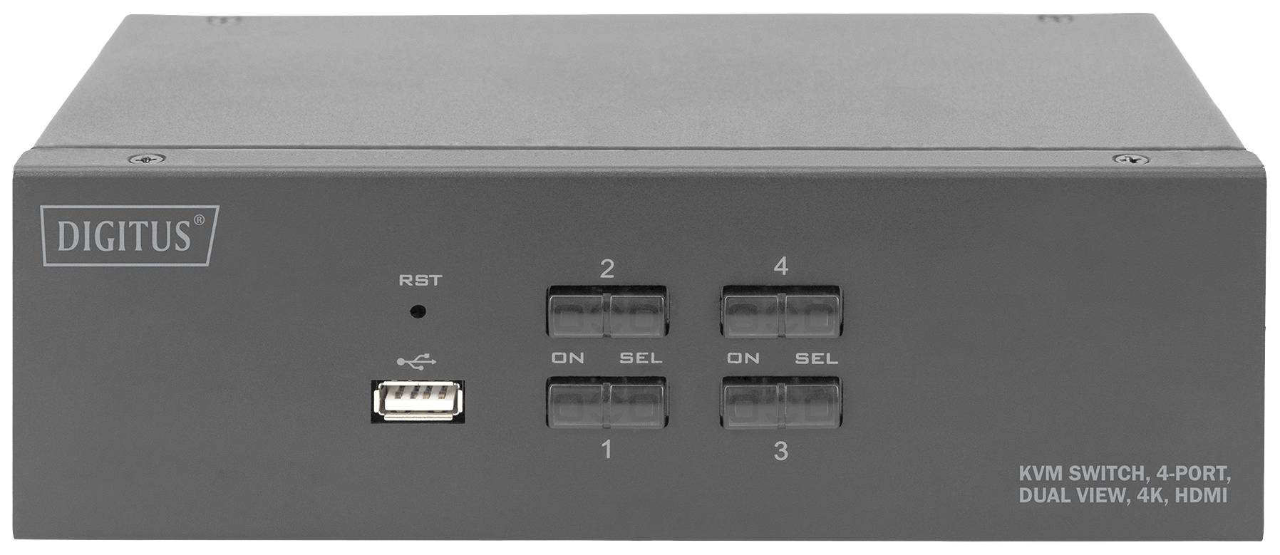 KVM stikalo s štirimi HDMI vrati in funkcijo dvojnega prikaza. Na sprednji strani so vidni USB priključek, gumb za ponastavitev in stikalo.