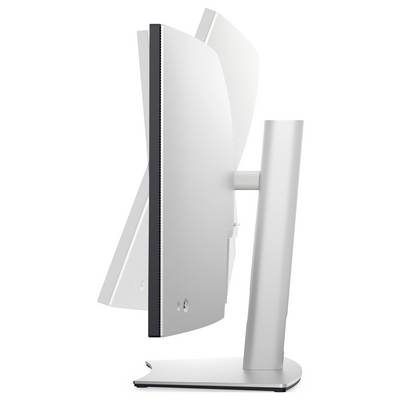Pogled s strani sodobnega računalniškega monitorja s tanko in elegantno zasnovo, ki prikazuje nastavljiv podstavek in minimalistično estetiko.