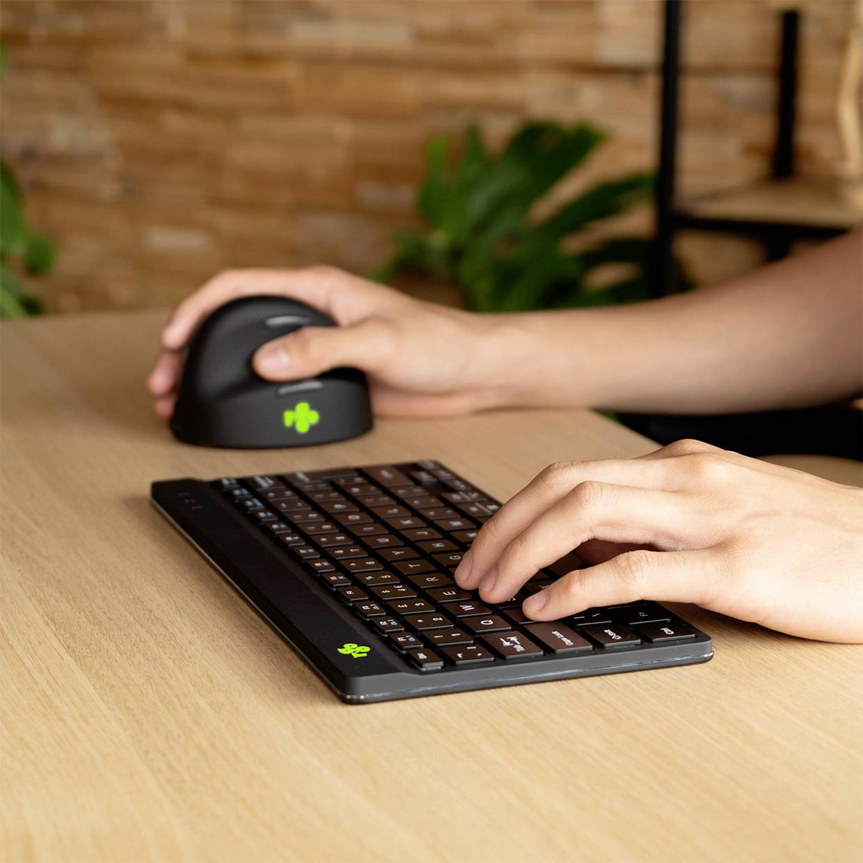 Oseba dela na računalniku z ergonomsko miško in tipkovnico na leseni mizi. V ozadju so vidne rastline.