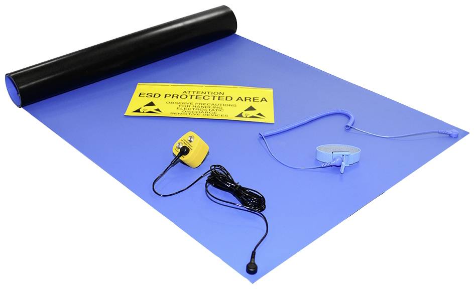 Protistatična podloga s kablom in priborom za ozemljitev, rumeni znak 'ESD zaščiteno območje'. Preprečuje elektrostatično razelektritev.