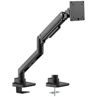 Črn nosilec za monitor z dvema možnostma pritrditve, s sponko in skozi luknjo v mizi. Primeren za ergonomsko postavitev zaslona.