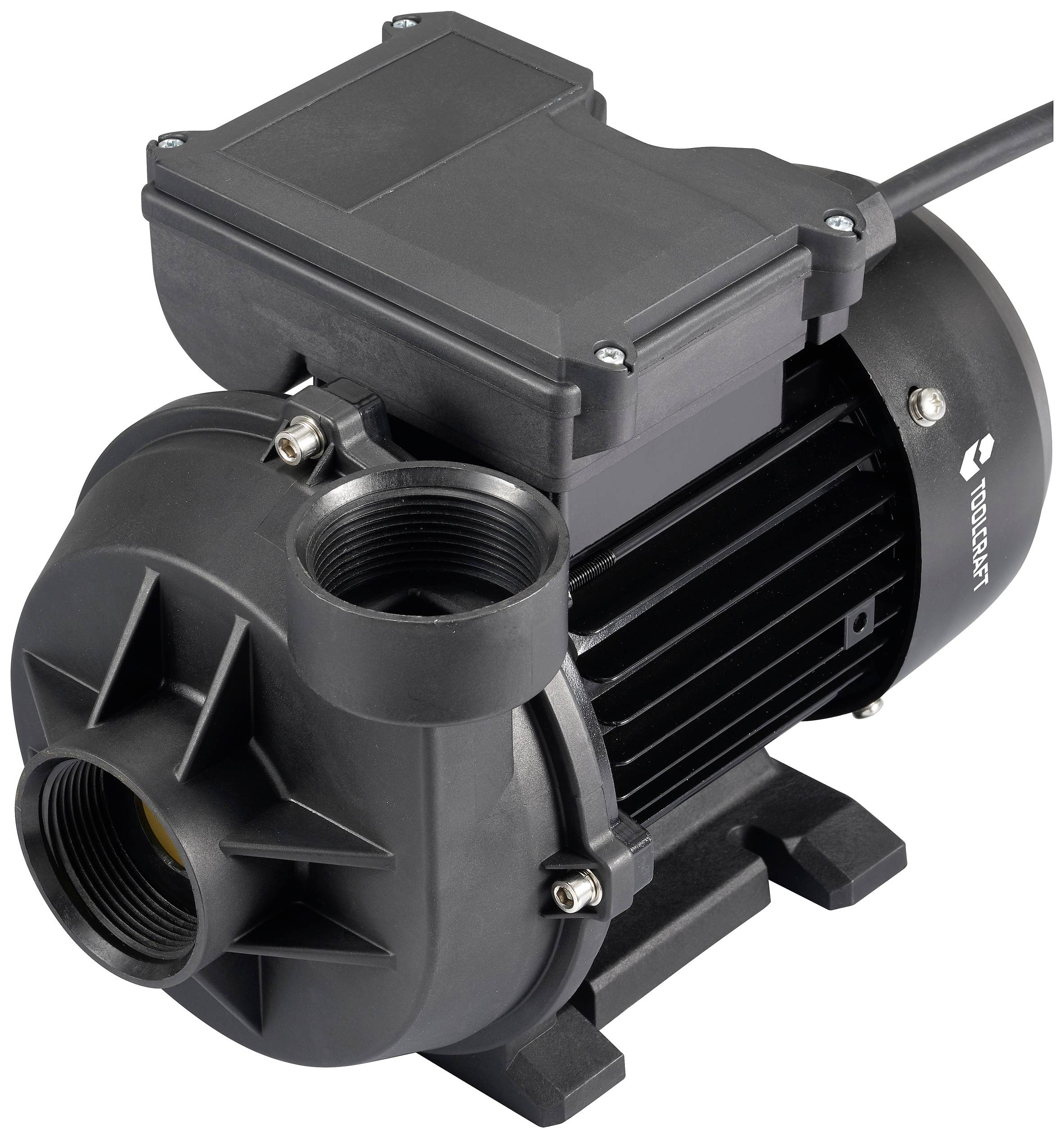 Črna vodna črpalka v bližnjem pogledu, prikazuje podrobnosti kot so priključki in ohišje. Primerna za industrijske ali gospodinjske aplikacije.