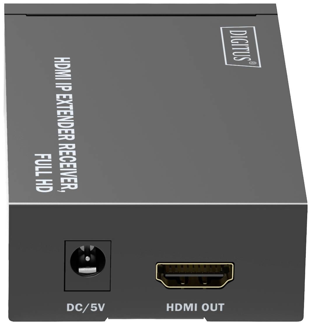 Sivo-črna naprava z HDMI-priključkom in DC/5V vtičnico. Napis: 'HDMI IP Extender Receiver, Full HD'. Logotip na zgornji strani.